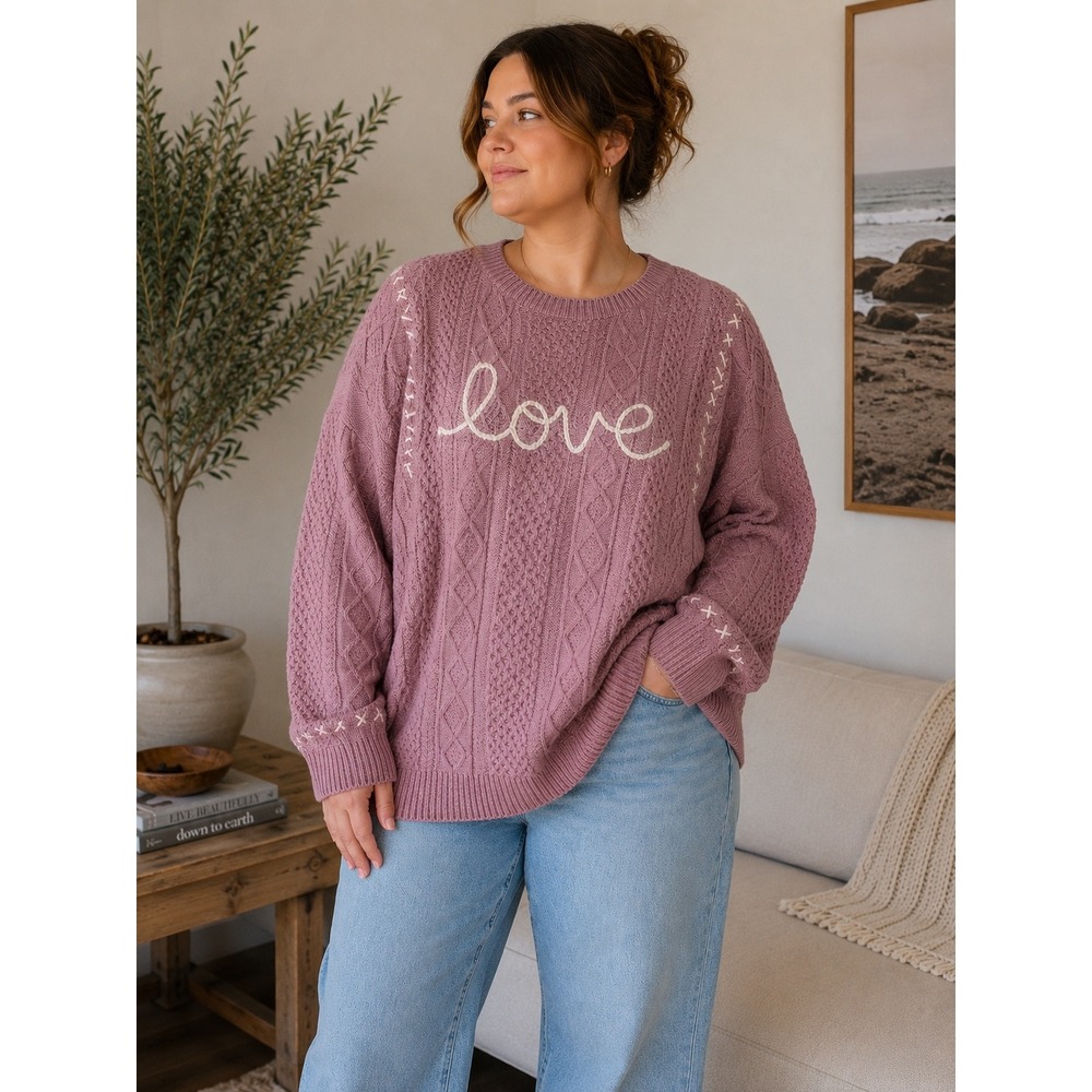 Andthewhy California Love Cable Knit Sweater Mauve Pink Wool Blend New